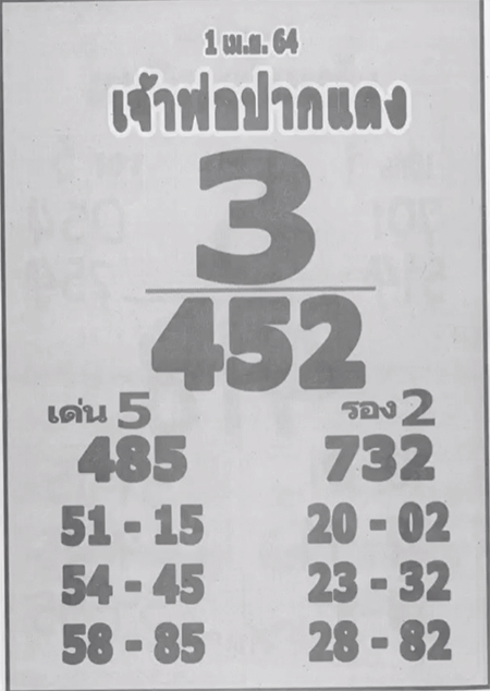 หวยเจ้าพ่อปากแดง ประจำงวดวันที่ 1 เมษายน พ.ศ.2564